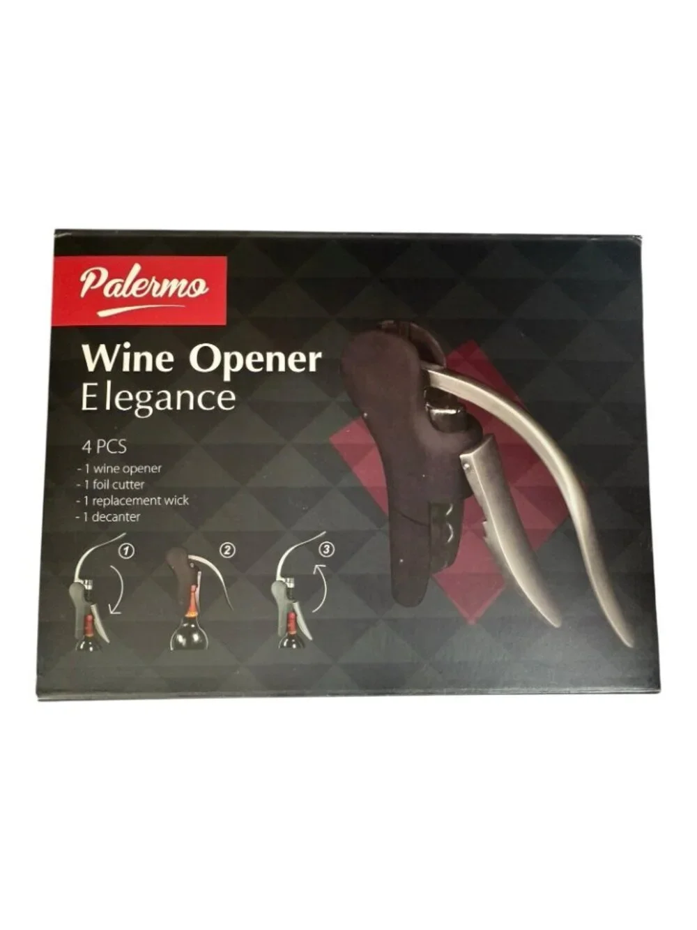Palermo Wine Opener Elegance 4 Piece Set Opener Cutter Wick Decanter P21 02